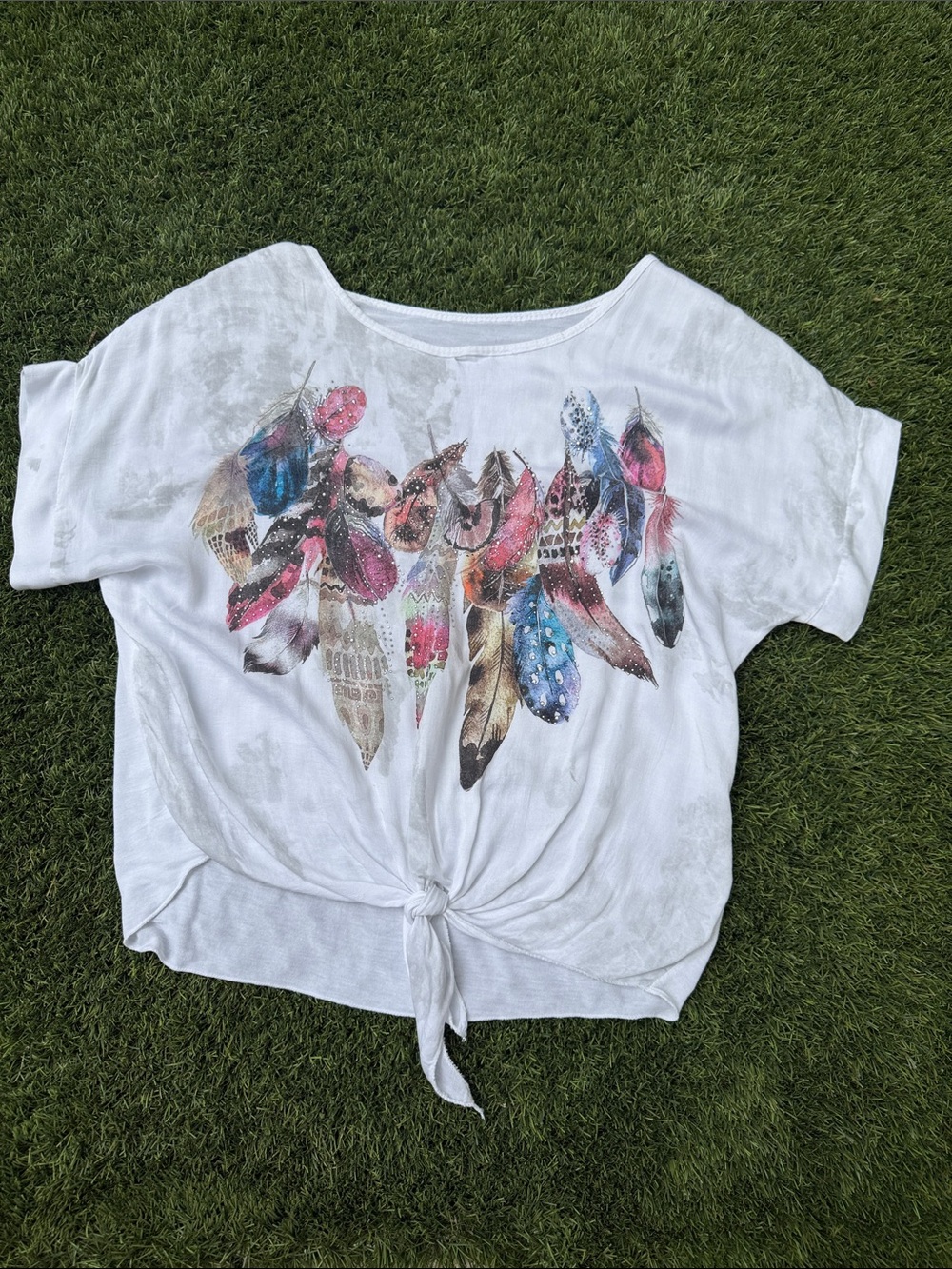 White Feather Graphic Tie-Front Women's Top